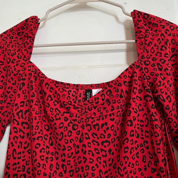 Forever 21 Leopard Print Red Black Mini Dress, Longsleeved - Picture 4 of 6